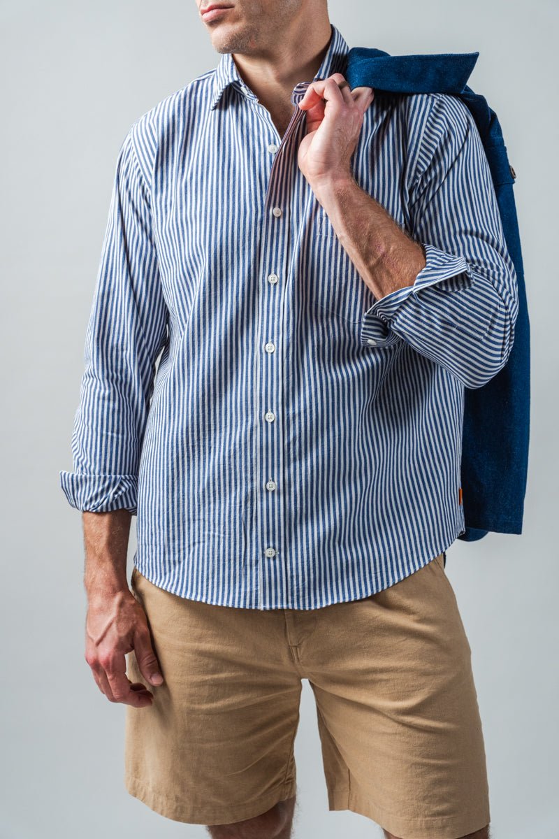 Ivory and Denim Stripe Spread Collar Shirt