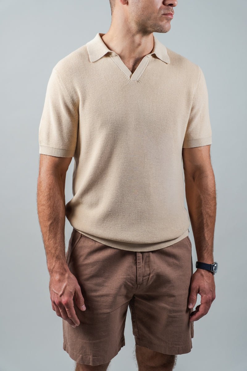 Beige Johnny Collar Rib Knit Polo