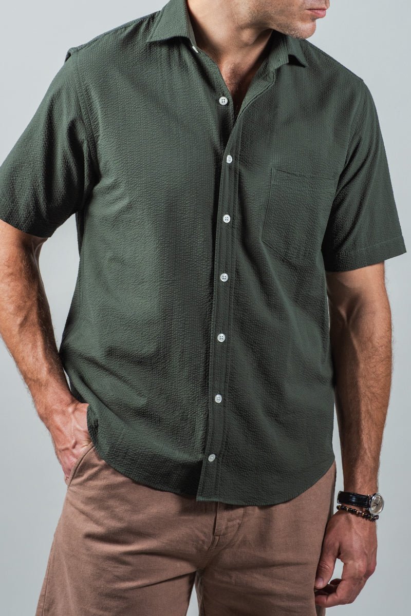 Green Seersucker Camp Collar