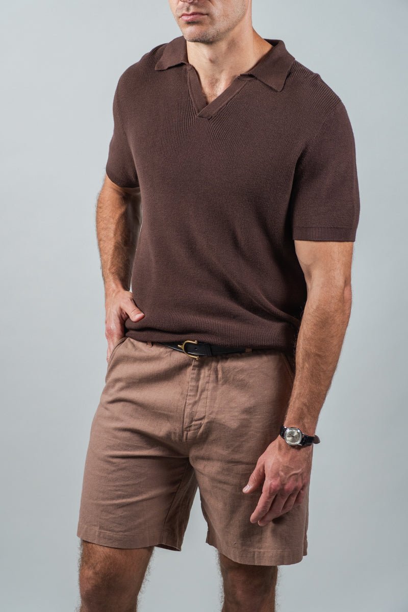 Brown Johnny Collar Rib Knit Polo