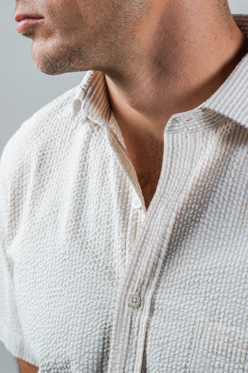 White & Tan Organic Cotton Seersucker Sport Shirt