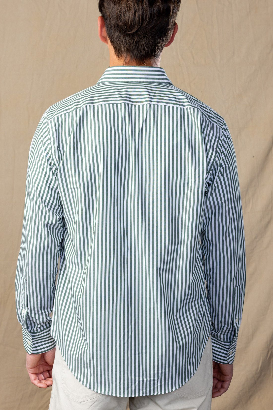 Green and White Stripe Spread Collar Shirt
