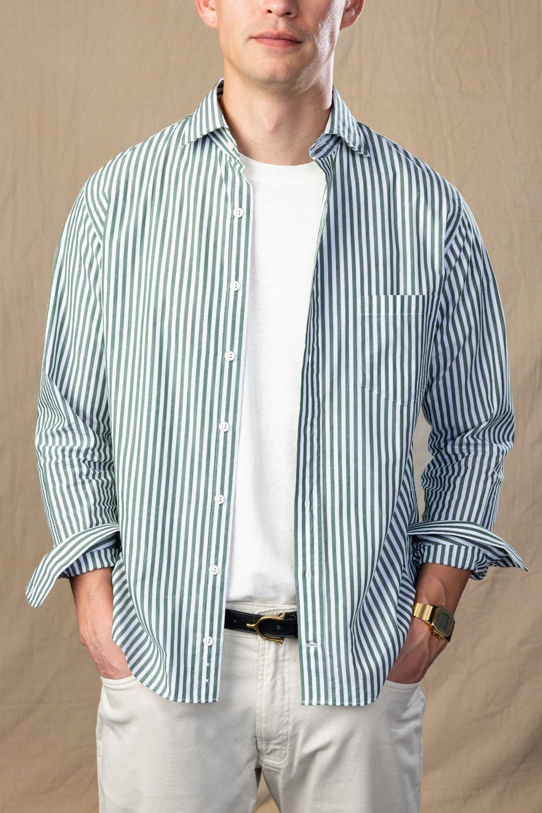Green and White Stripe Spread Collar Shirt