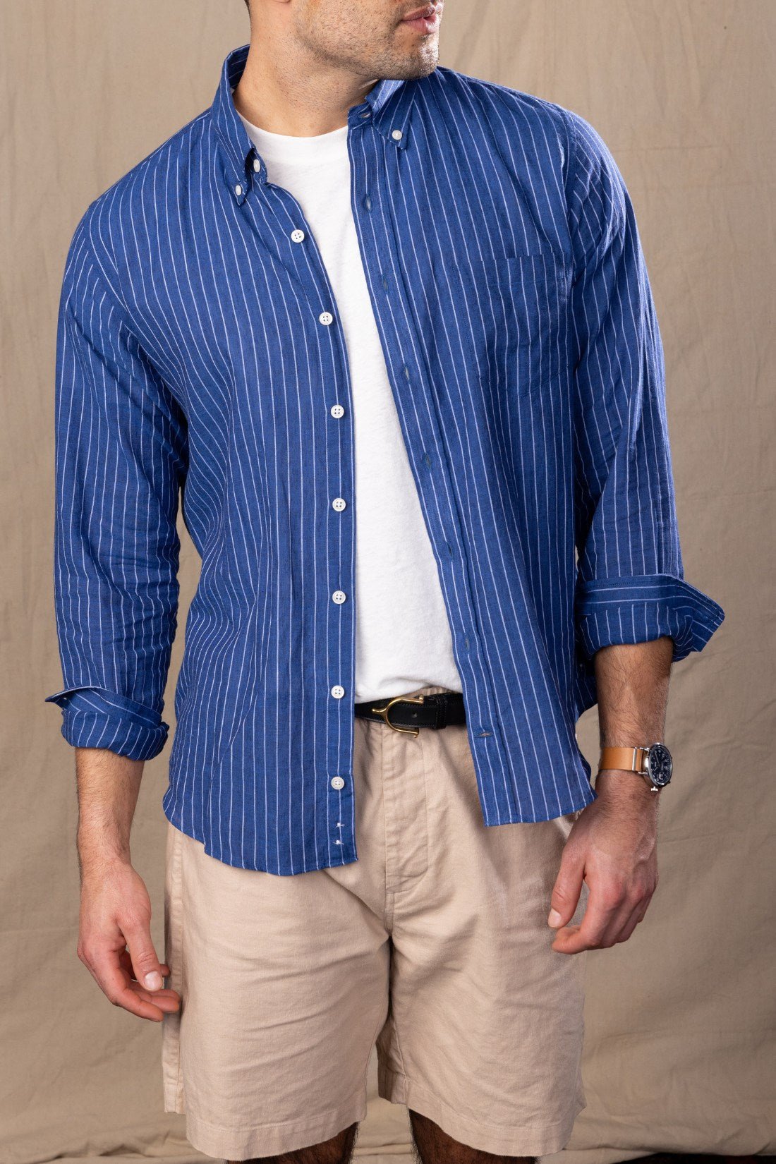 Indigo and White vertical Stripe Button Collar