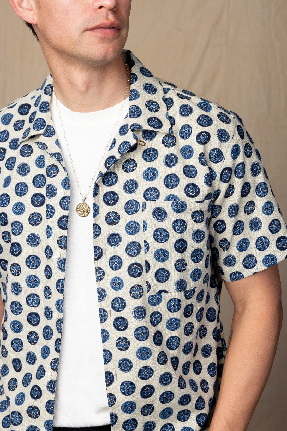 Tan and Blue Floral Camp Collar