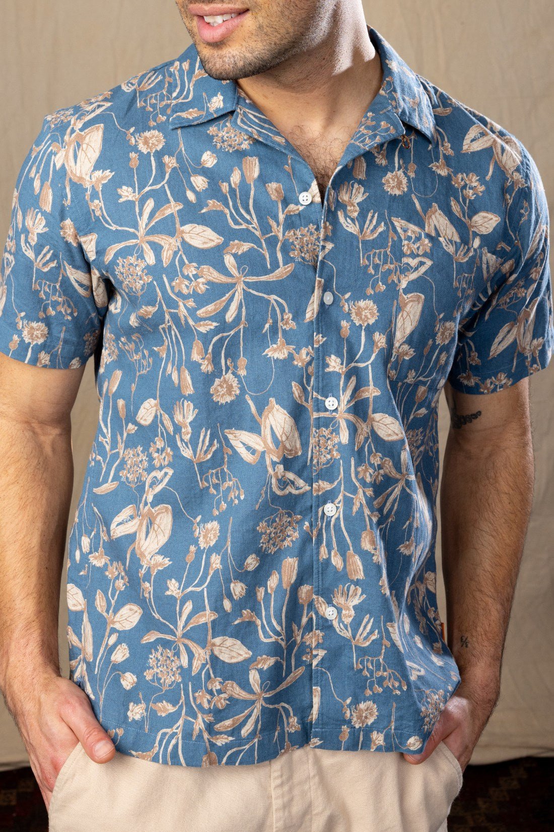 Japanese Linen Blue and Tan Flora Short sleeve Sport Shirt