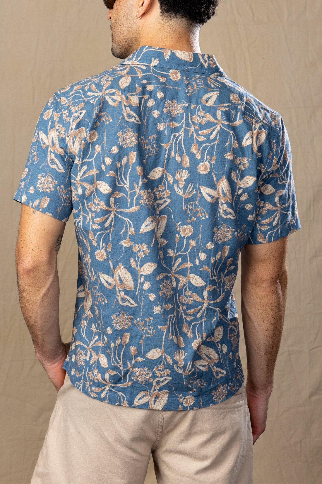 Japanese Linen Blue and Tan Flora Short sleeve Sport Shirt