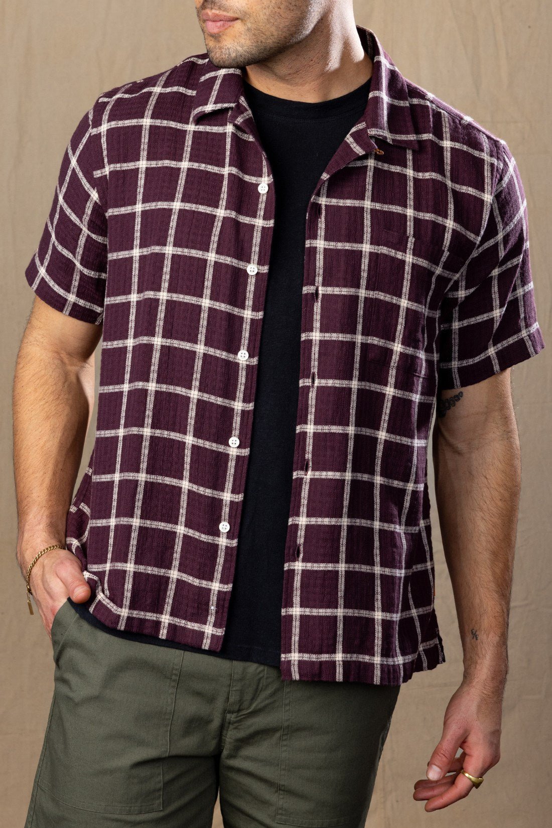 Maroon And Ivory Plaid Camp Collar short sleeve