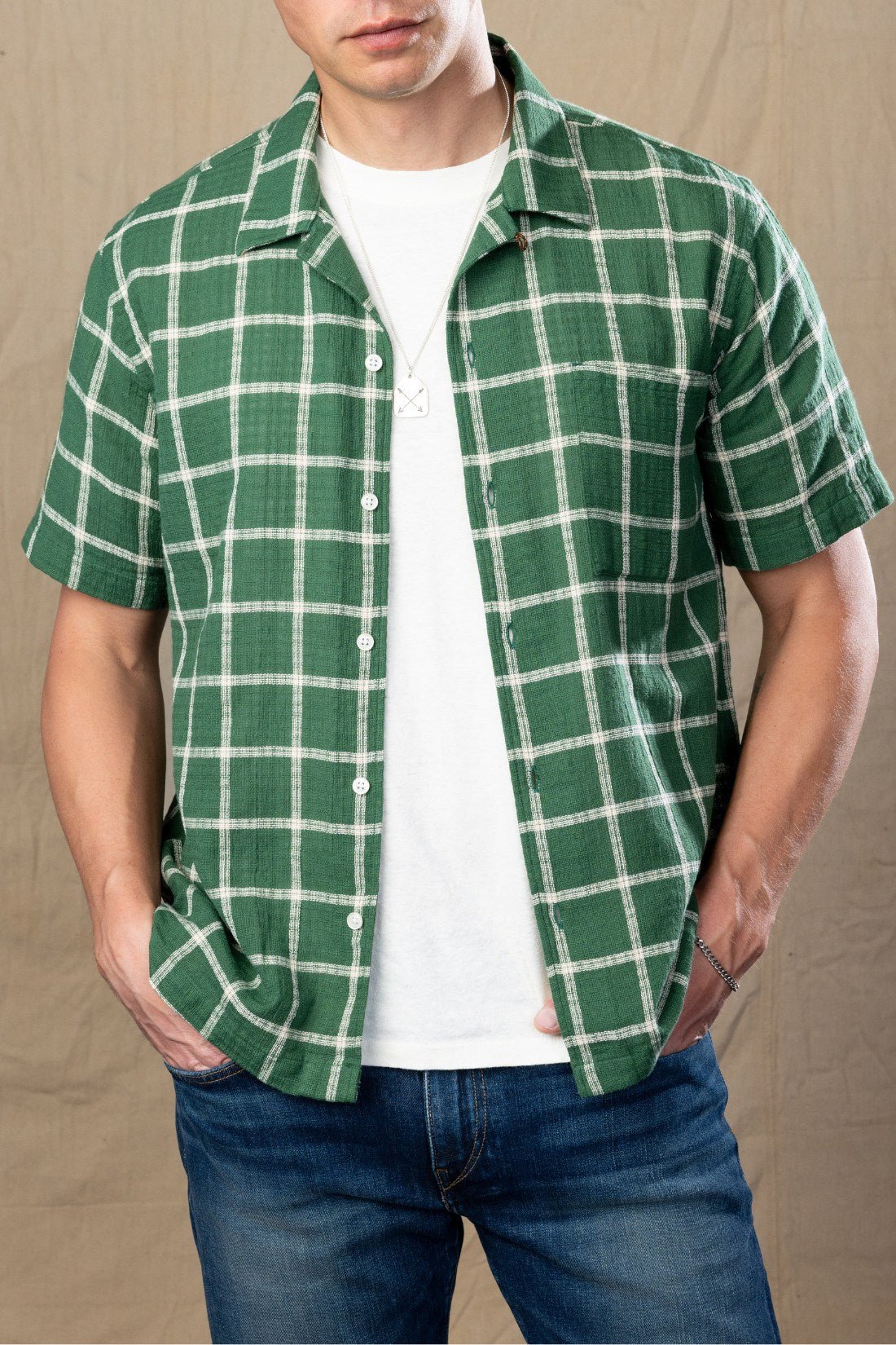Green And Ivory Plaid Camp Collar short sleeve