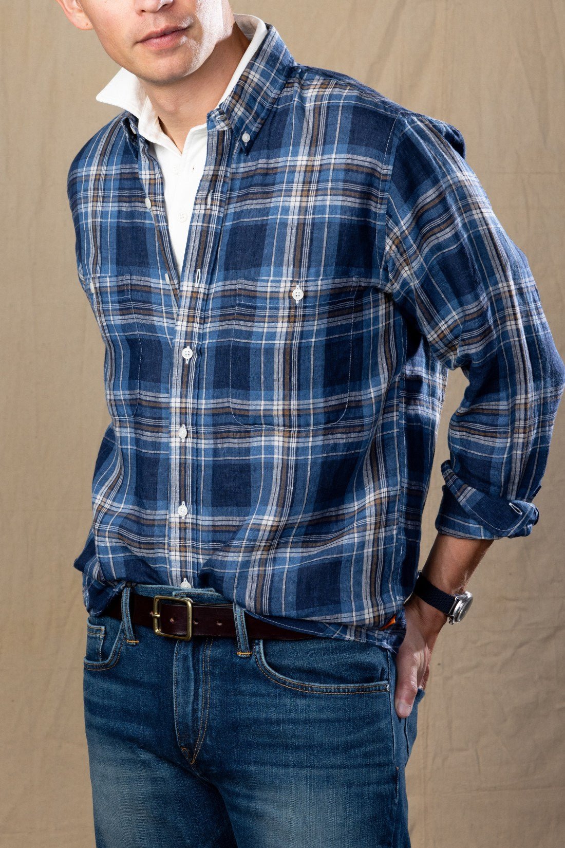 Navy & Ivory Plaid Linen Double Chest Sport Shirt
