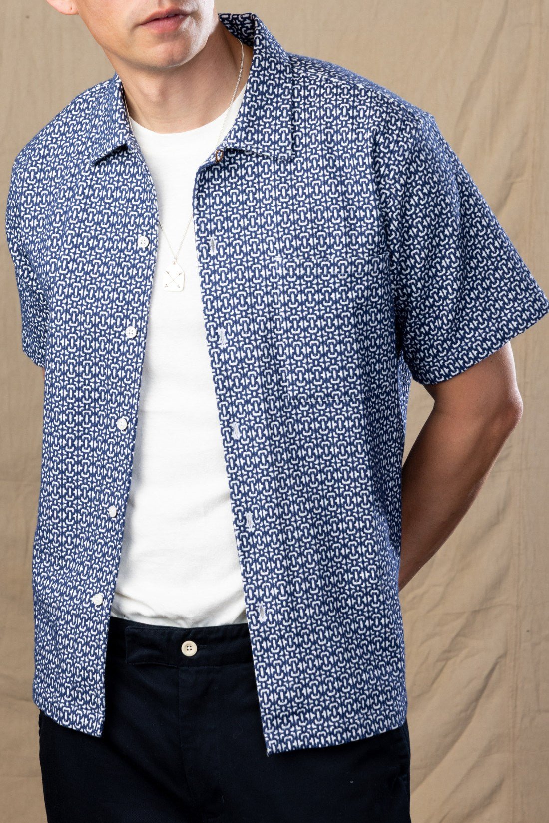 Navy and White Jacquard Camp Collar Short Sleeve Shirt