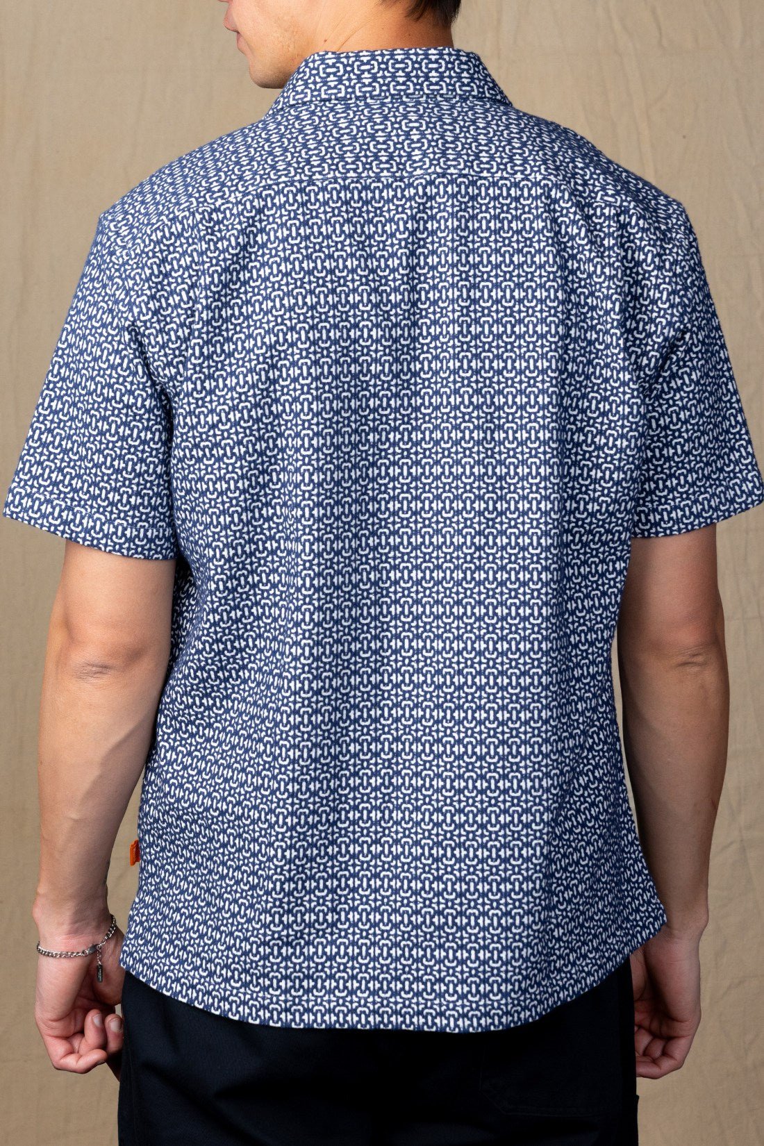 Navy and White Jacquard Camp Collar Short Sleeve Shirt