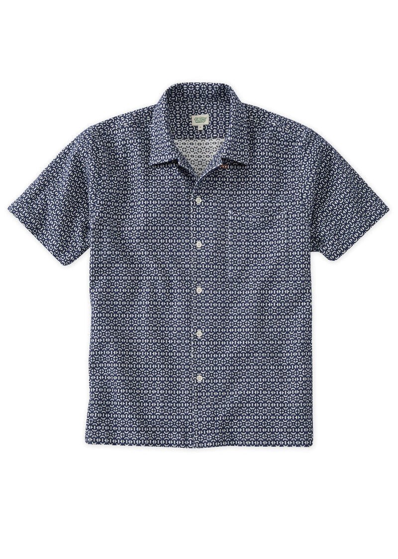 Navy and White Jacquard Camp Collar Short Sleeve Shirt