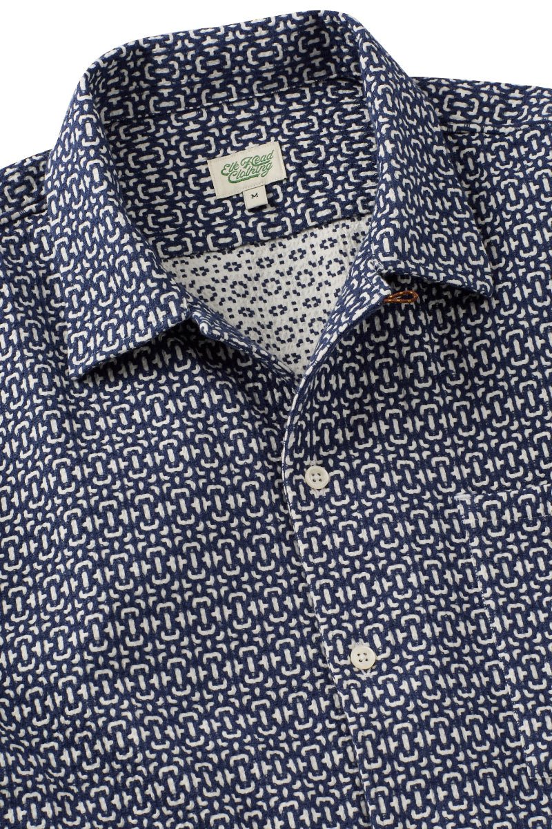 Navy and White Jacquard Camp Collar Short Sleeve Shirt