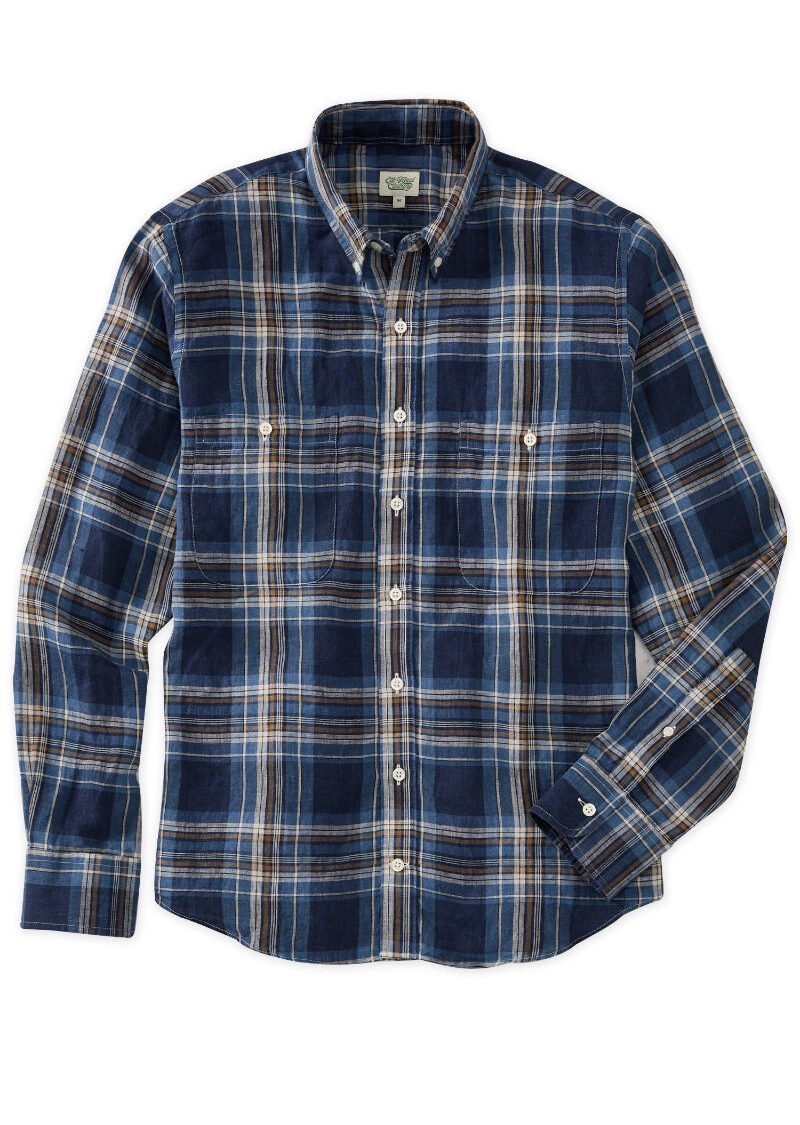 Navy & Ivory Plaid Linen Double Chest Sport Shirt