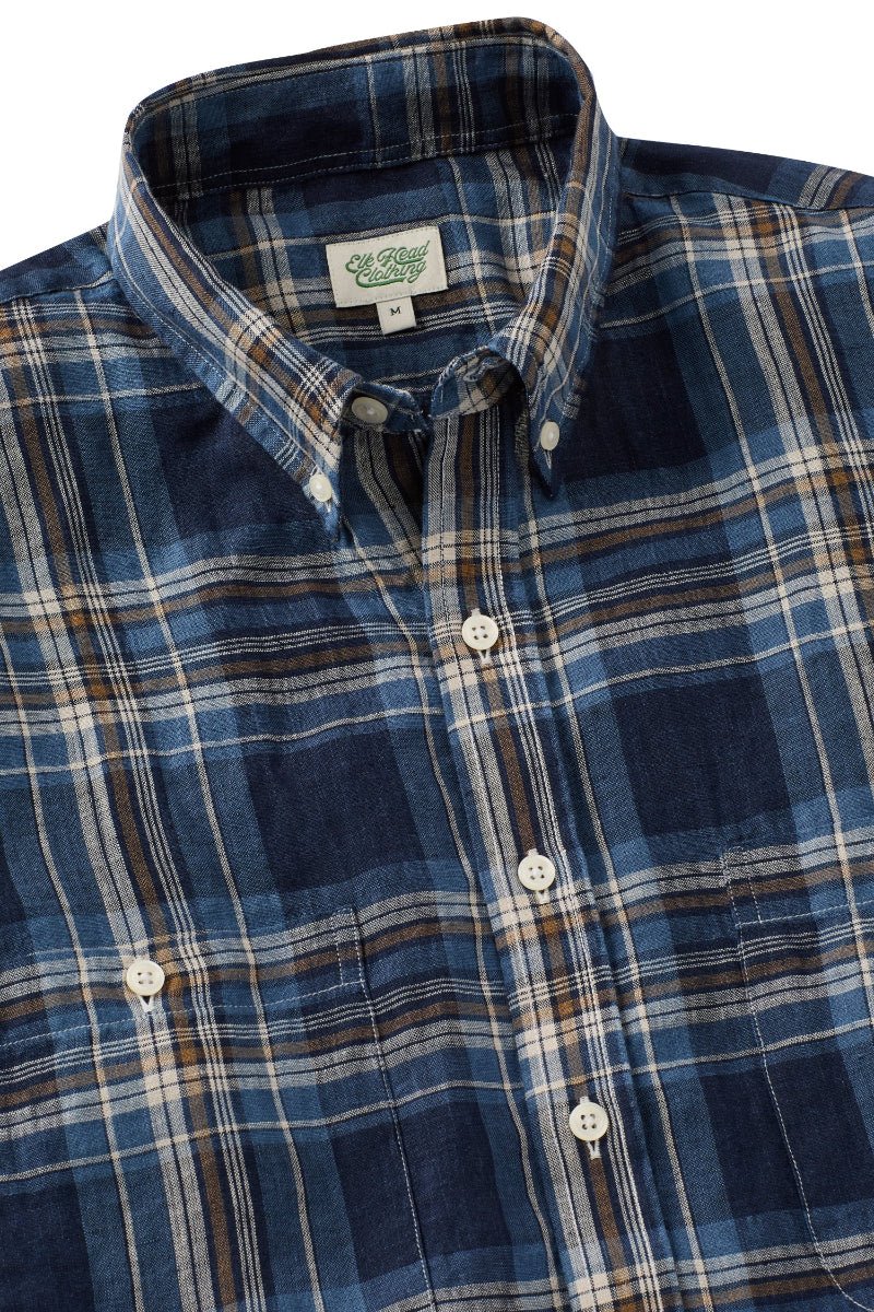 Navy & Ivory Plaid Linen Double Chest Sport Shirt
