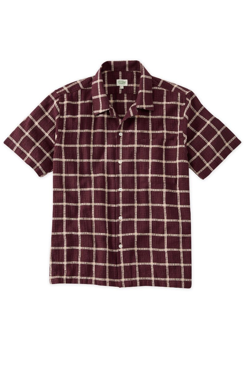 Maroon And Ivory Plaid Camp Collar short sleeve