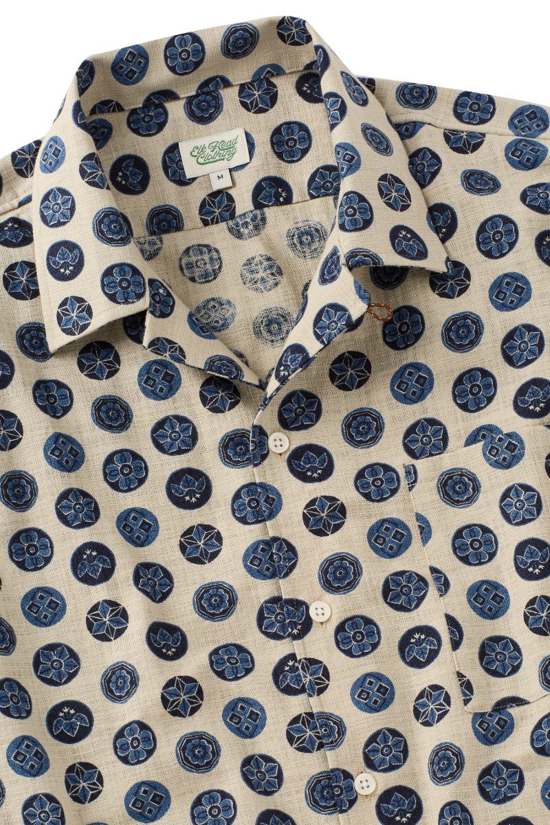 Tan and Blue Floral Camp Collar